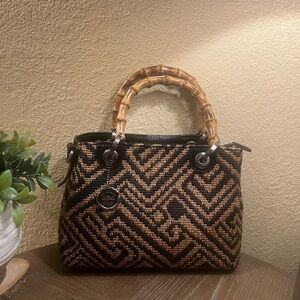 Patricia Nash Black Empoli Satchel Bag with Bamboo Handles